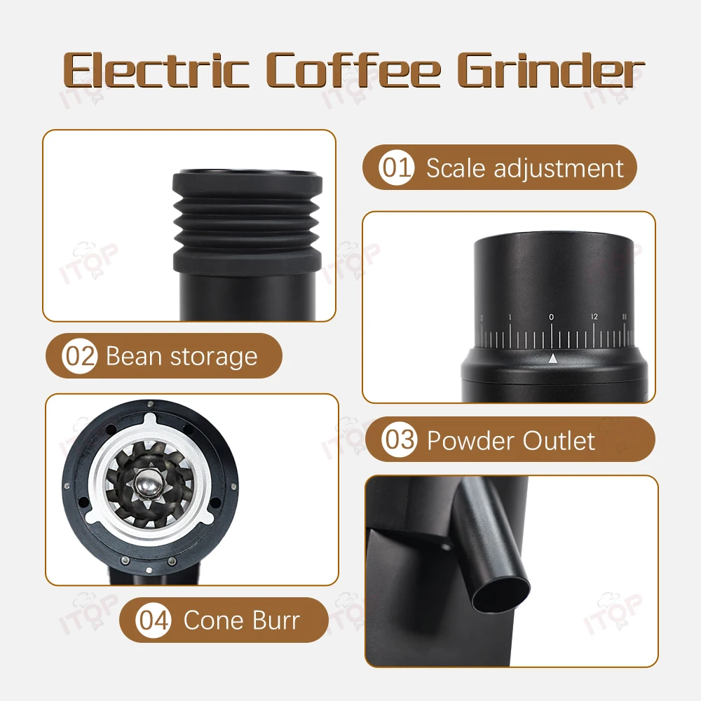 63mm Electric Coffee Grinder Single Dose Grinder Conical Burr Magnetic Powder Suction Port& Cup Stepless Adjustment