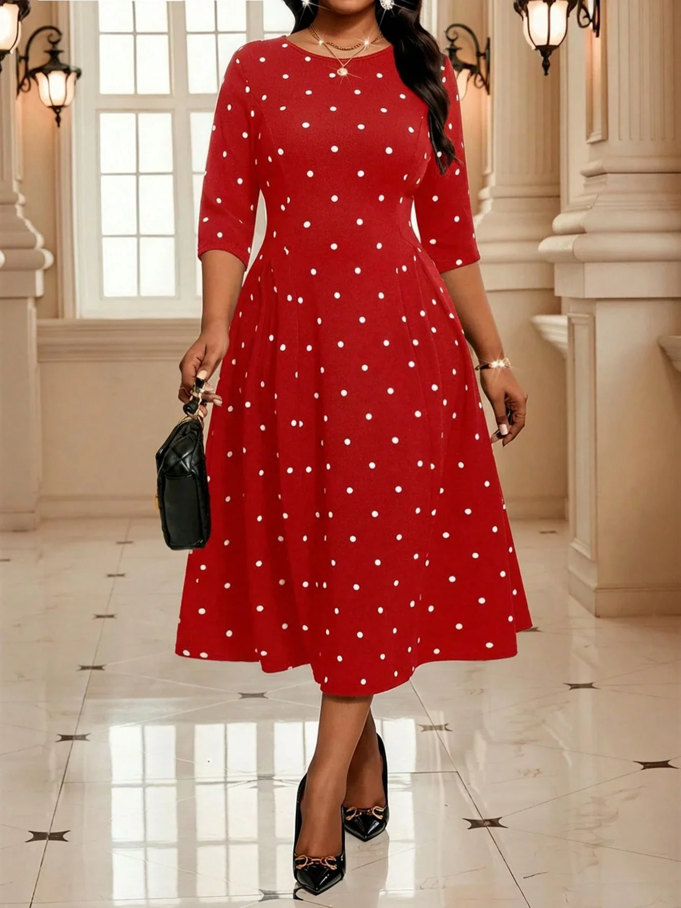 

Elegant Red Polka Dot Midi Dress With Three Quarter Sleeve Round Neck A-Line