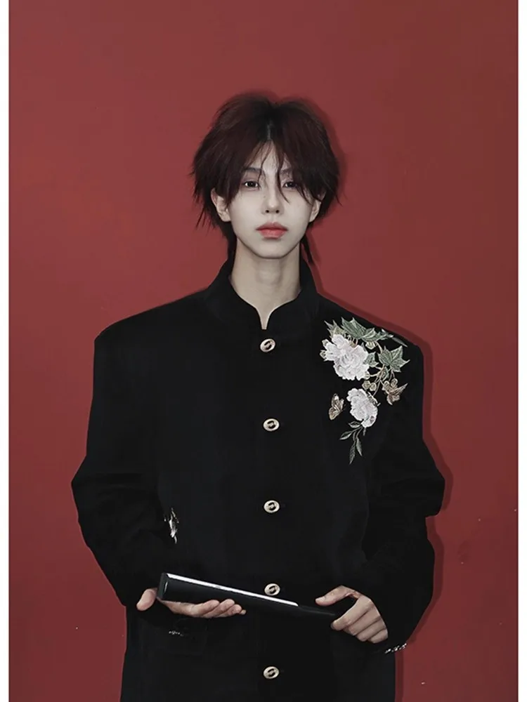 

Bla Floral Embroidery New Chinese Sle Light National Trend Top Stand Collar Suit Jaet Men Casual Western Suit