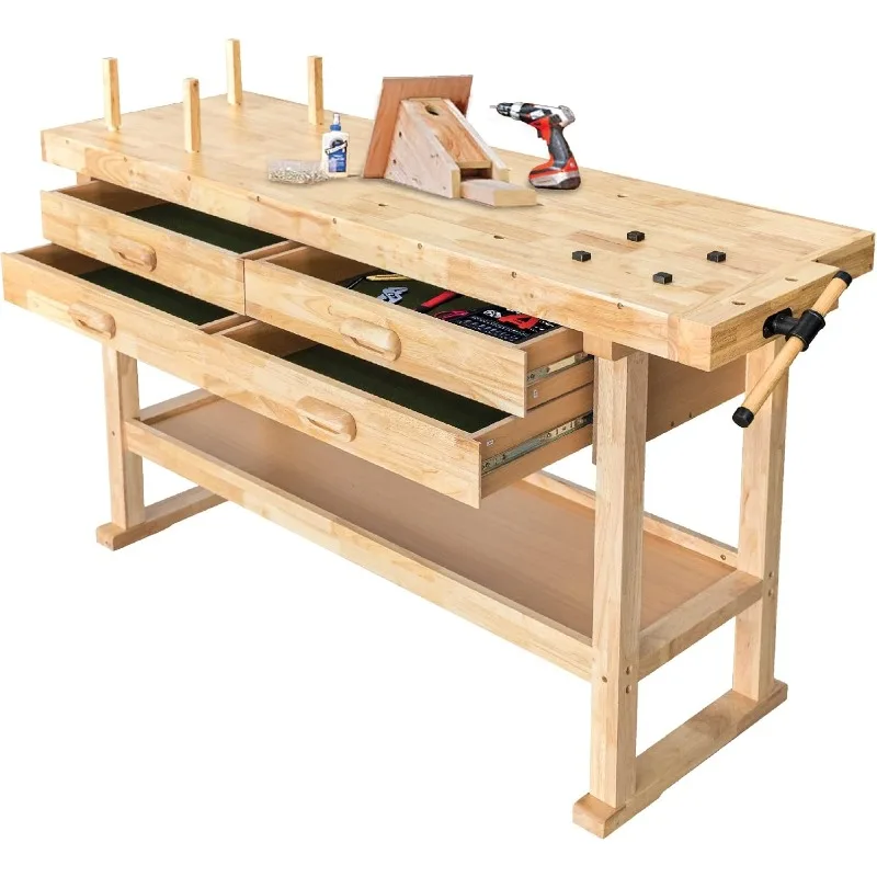 60-Inch Wooden Workbench - Rubberwood Workbench with 4-Drawer, 450lbs Weight Capacity - Perfect Workbench for Garage