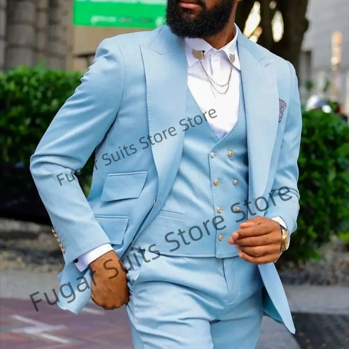 

Fashion Sky Blue Wedding Suits For Men Slim Fit Double-breasted Groom Tuxedos 3 Pieces Sets Casual Male Blazer Vetements Homme