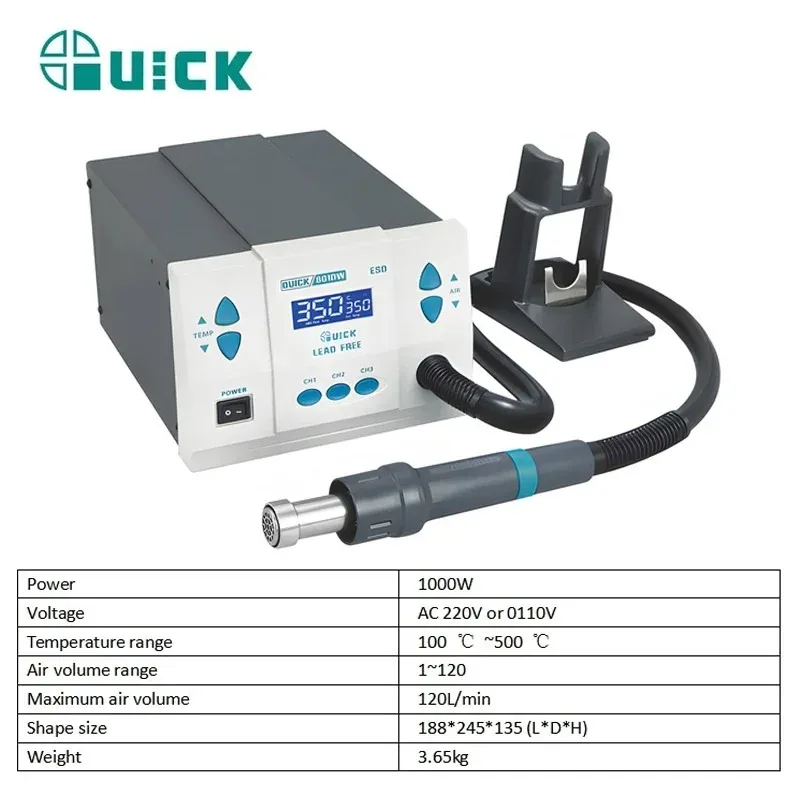 ปืนลมร้อน 1000W QUICK 861DW สำหรับงานซ่อม BGA พร้อมระบบพักอัตโนมัติ สำหรับซ่อมโทรศัพท์มือถือ บัดกรี PCB พร้อมหัวพ่นขนาด 5 มม. 6 มม. และ 8 มม.