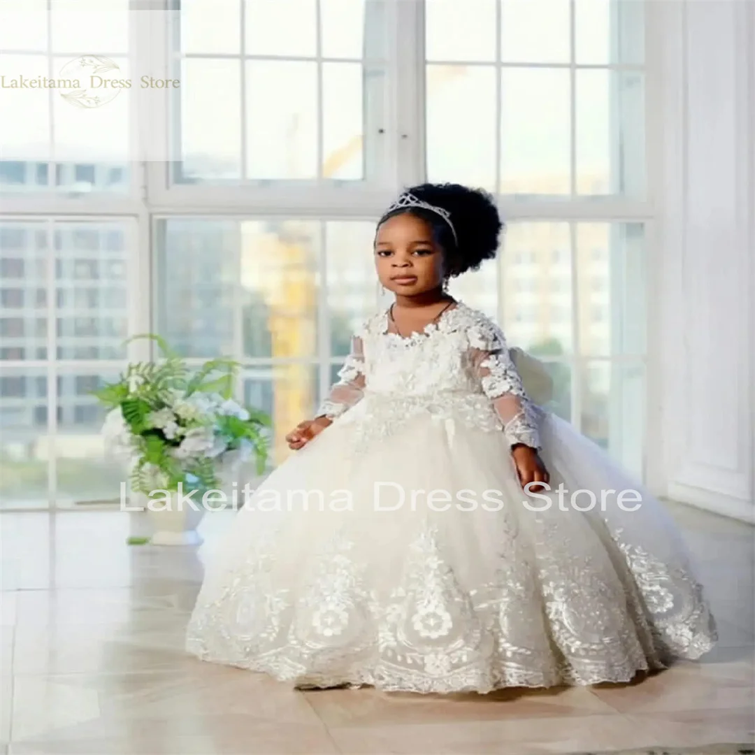 Cute Lace Flower Girl Dresses For Wedding Kids Appliqued Party Girls Pageant Princess Birthday Dress Photoshoot Gowns for Fotos