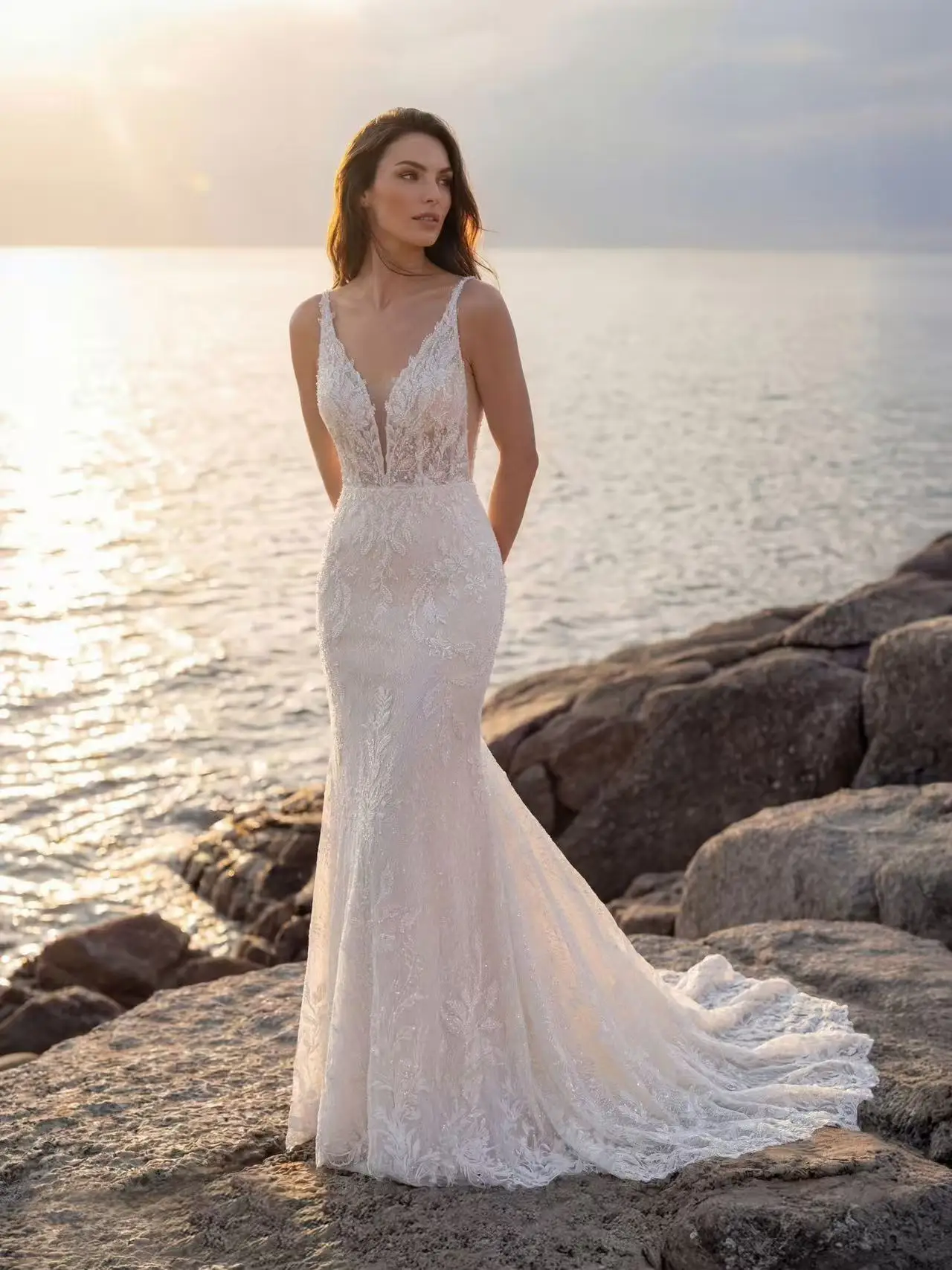 Deep V Spaghetti Straps Mermaid Wedding Dress Illusion Low Back Lace Beaded Bridal Gown Chapel Train Custom Made Dress