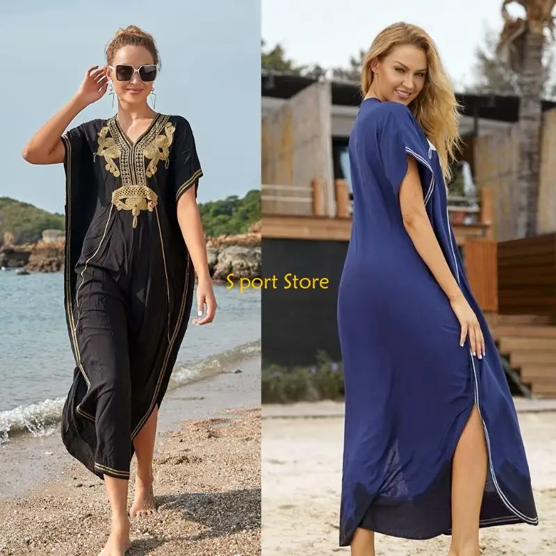 U2JB Women Sexy V-Neck Off Shoulder Kaftan Swimsuit Cover Up Ethnic Floral Embroidery Side Split Beach Maxi Dress Oversized Long