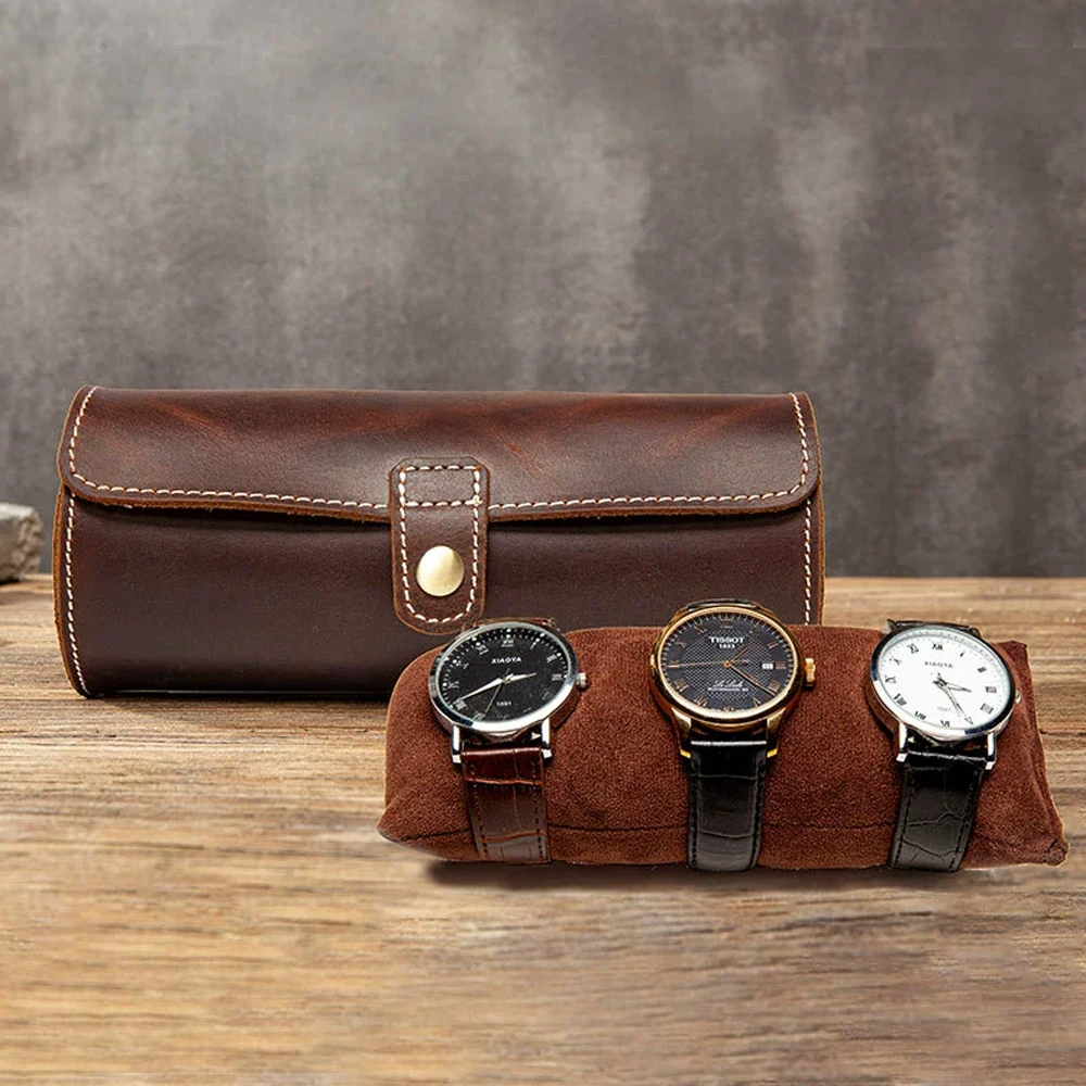 Watch Travel Roll Case 3 Slots Leather - 수제 천연 가죽 시계 보관함, 3개의