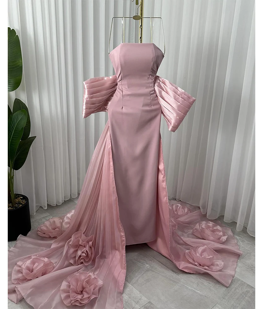 

Customized Exquisite Jersey A-Line 3D Flowers Evening Dress High Quality Sleeveless Strapless Floor Length Celebrity Gowns