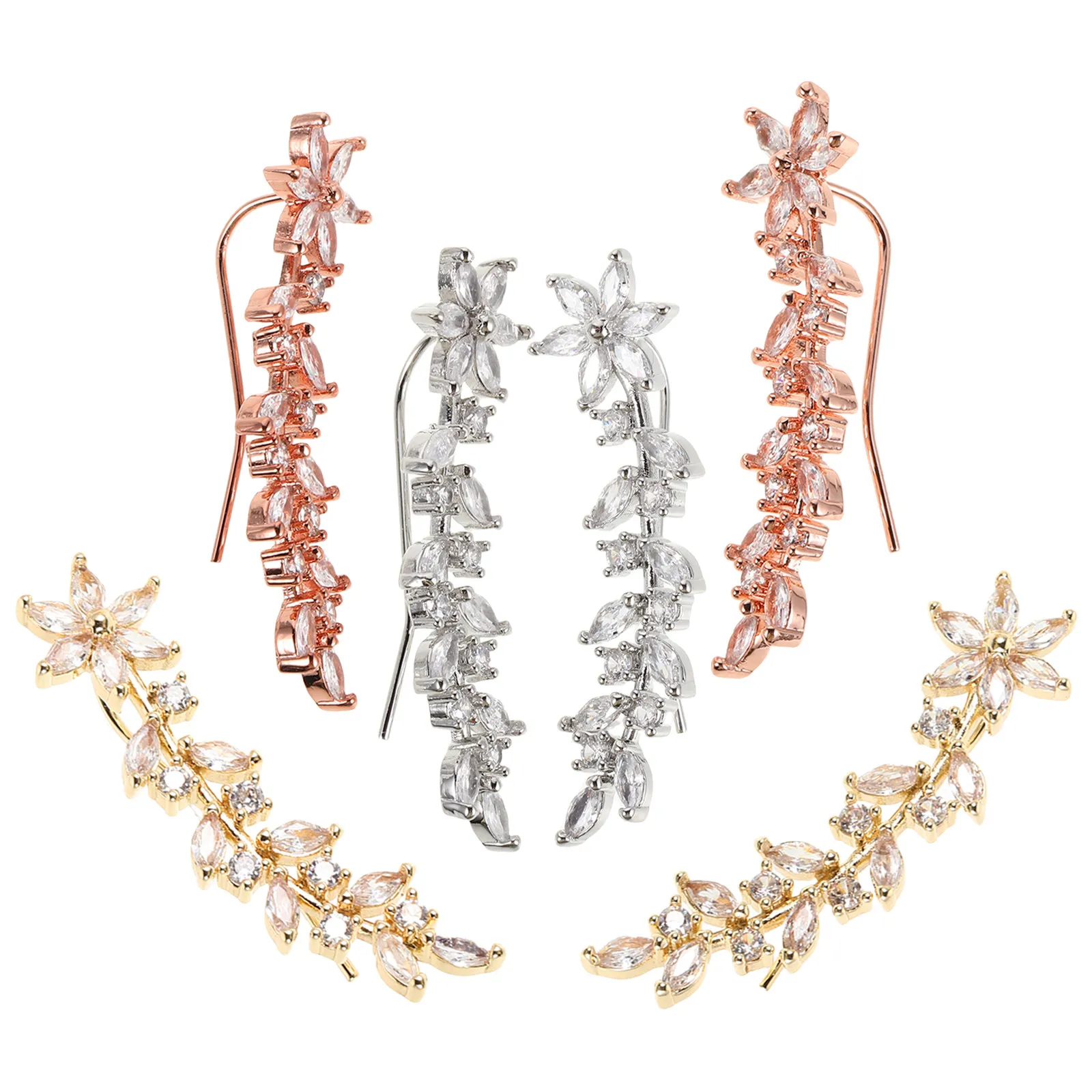 3Pairs Rhinestone Flower Earrings Sparkling Cluster Ear Cuff Elegant Wedding Prom Daily Climbing Earrings for Women