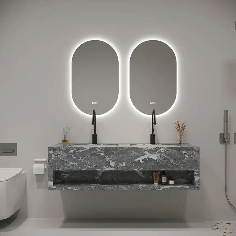 

Modern Double Bathroom Vanity Rock Cabinet with Marble Sink Combo Top Ceramic Vessel Sink Chrome Faucet Drain with Vanities Set