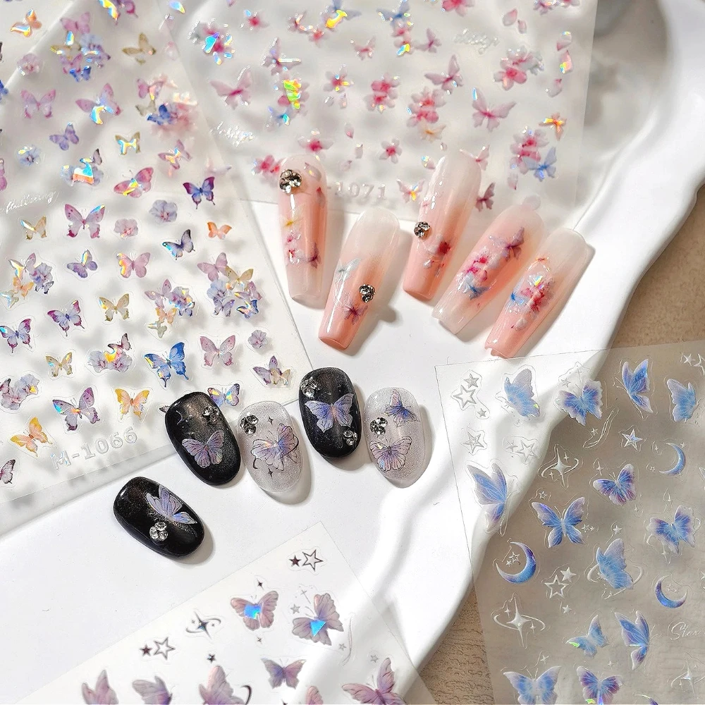 

Colorful Illusion Polarized Butterfly Flowers 3D Self Adhesive Nail Art Stickers Shiny Rose Tulips Manicure Decals Wholesale