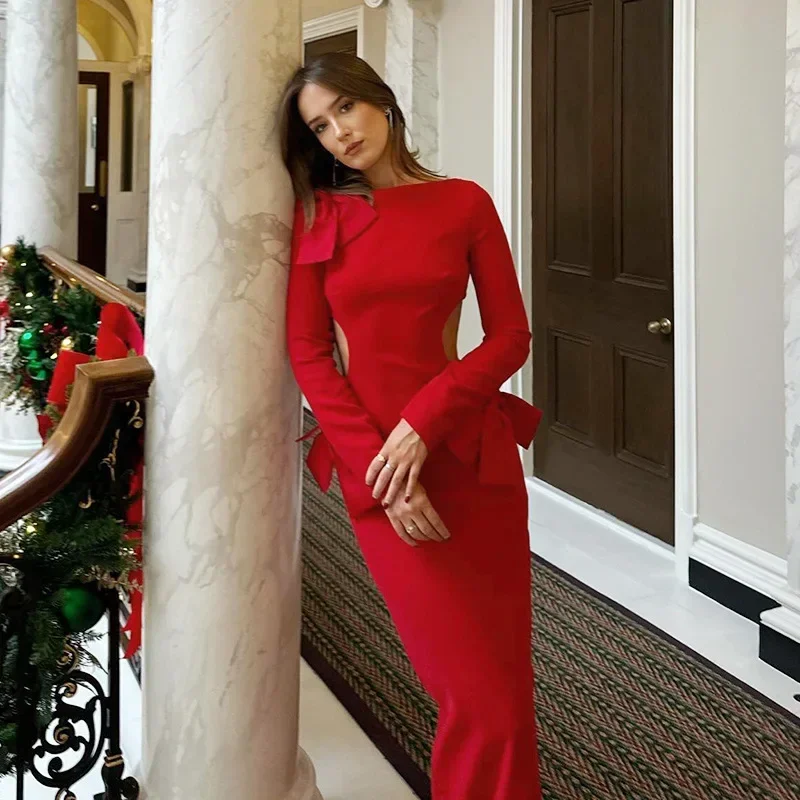 Maxi abito rosso senza schienale con fiocco manica lunga abito lungo aderente tagliato elegante abiti da festa di capodanno di natale per le donne 2024