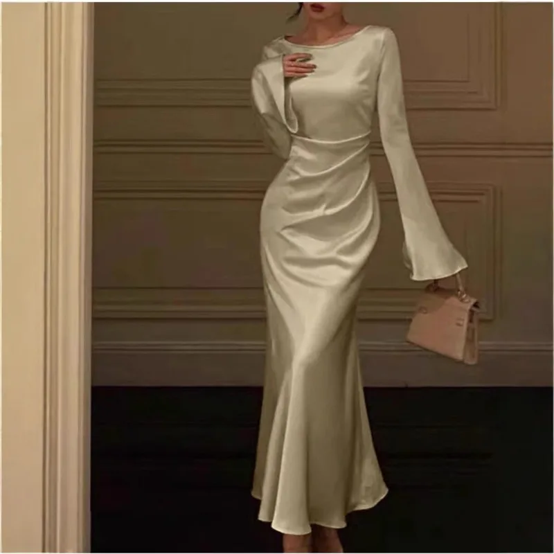 Folds Ruffle Gala Graduation Dress Gown Summer Elegant Women Corset Party Evening Dress Sexy Fashion Y2K Long Sleeve O Neck