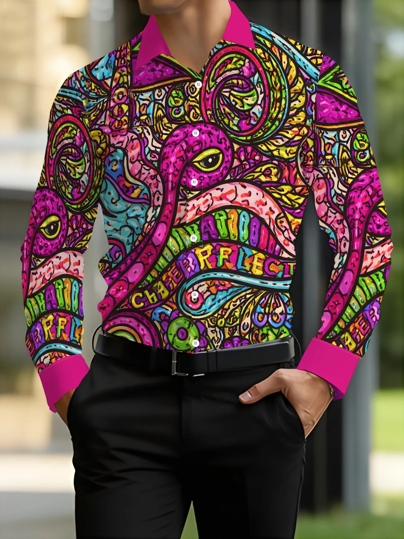New White Background Green Palm Tree Print men's Long Sleeved Shirt Slim Fit Casual Versatile Shirt Clothing