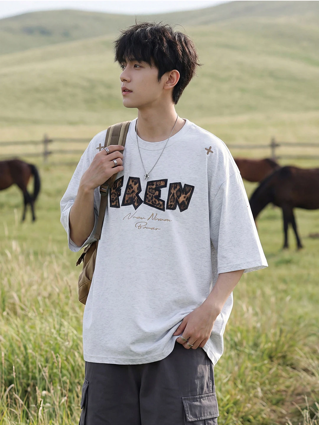 Japanese Sle Boys Leopard Print Cross Stitched White Flower ey ort Sve Men Summer American Heavyweight Pure Cotton H...