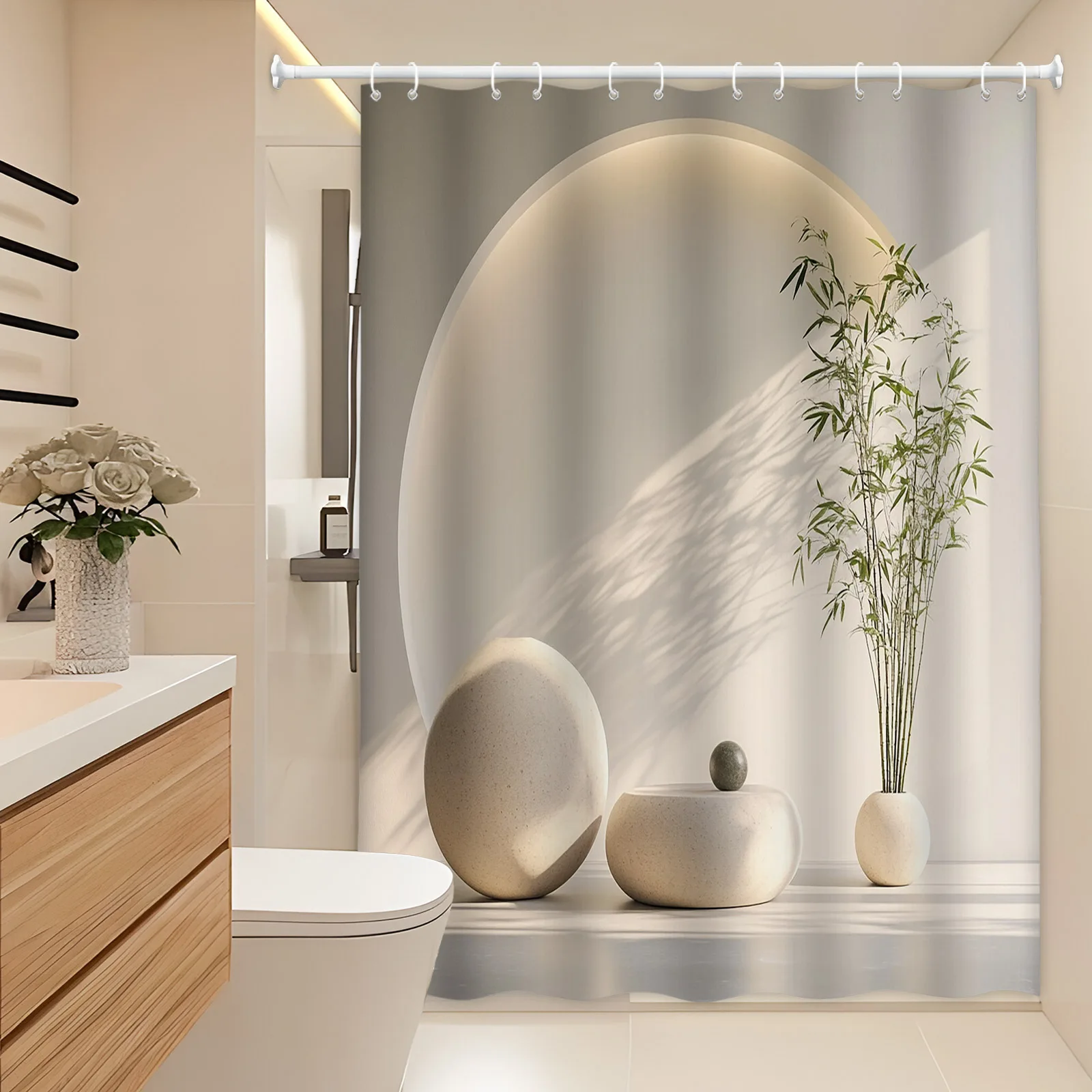 Minimalist Bamboo Stone Shower Curtain Modern Bathroom Decor Zen Inspired Design Natural Light Shadow Effect Waterproof Bath