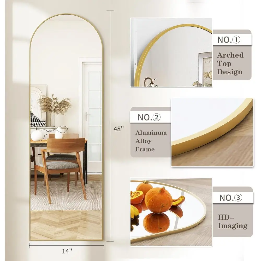 Gold Arched Door Mirror, 14x48 Full-Length Hanging or Wall Mirror for Full Body Reflection