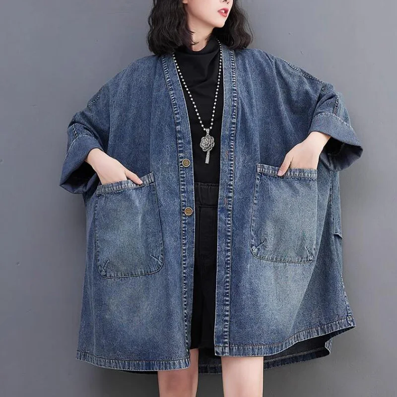 OHRYIYIE Large Size 6XL Vintage Denim Jackets Women 2023 Fashion Big Pocket Jean Jacket Female Blue Loose Oversize Trench Coat