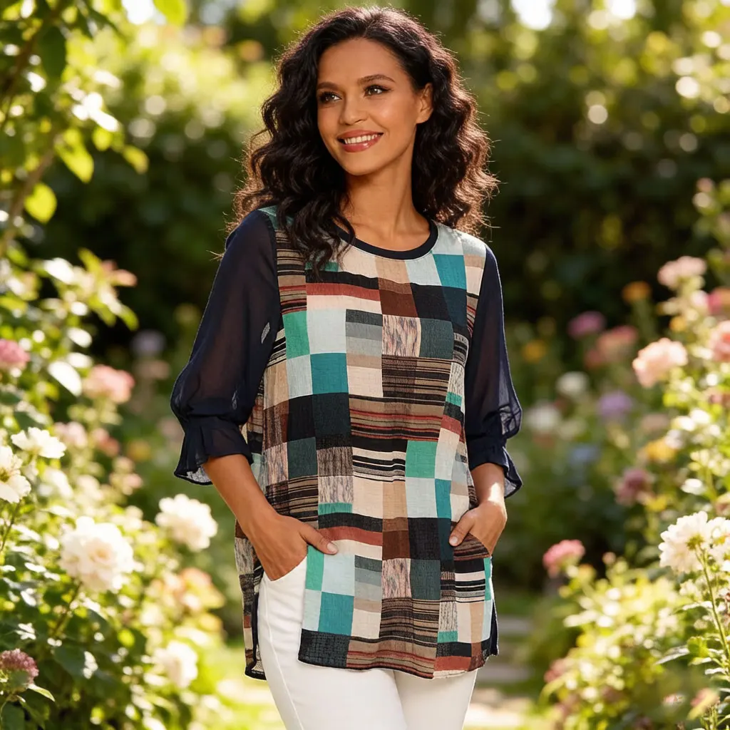 

Women Patchwork Geometric Blouse, Artistic Print Chiffon Top with Mesh Sleeve Round Neck Casual Loose Fit Summer Shirt