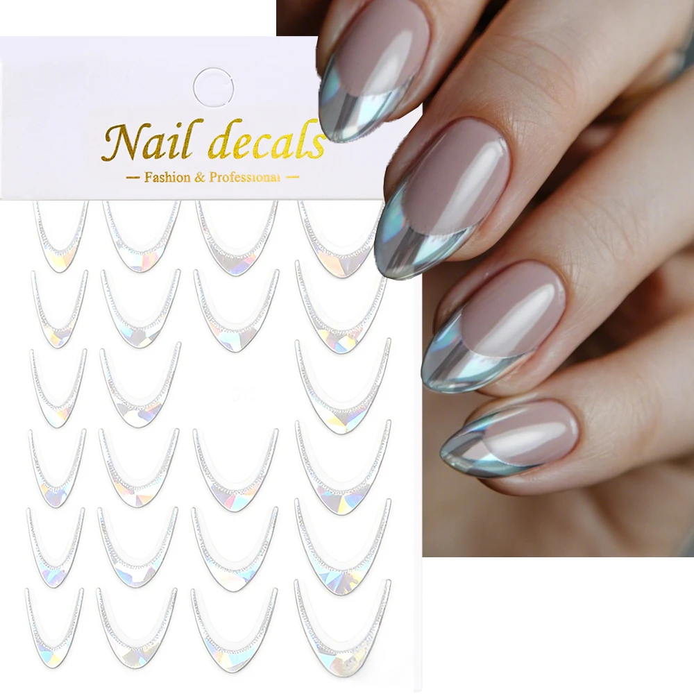 1Pcs 3D Metal Silver French Line Nail Art Sticker Laser V-Shape Stripes Nails Decals Self-Adhesive French Tips Manicure Sliders