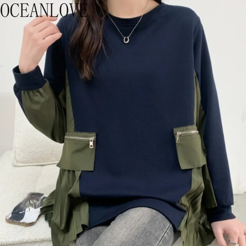 OCEANLOVE Hoodies Women Tops Contrast Color Zippers Vintage Folds Sweatshirts Japanese Style Loose Casual Sudaderas Mujer