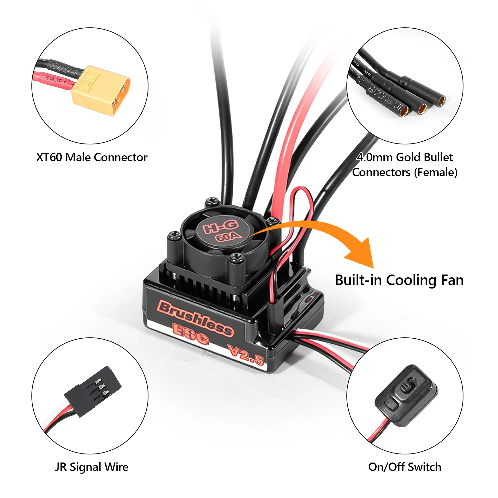 YSIDO RC ESC sin Escobillas 60A ​ Controlador de velocidad H-G60A 2-3S para coches todoterreno y de carretera Wltoys WPL RC Crawler Monster Buggy 1/10