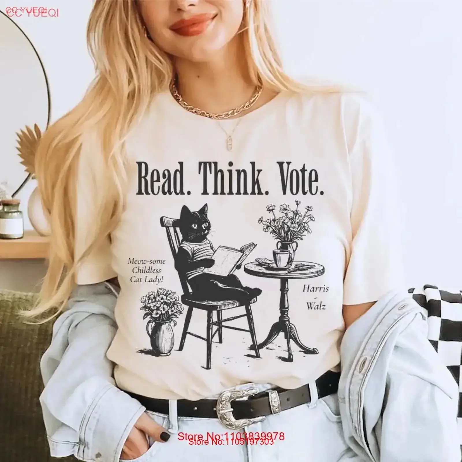 Read Think Vote T Shirt Childless Cat Ladies Lady Kamala Harris 2024 DemocraT Walz vintage Washed Comfortable fashion graphic