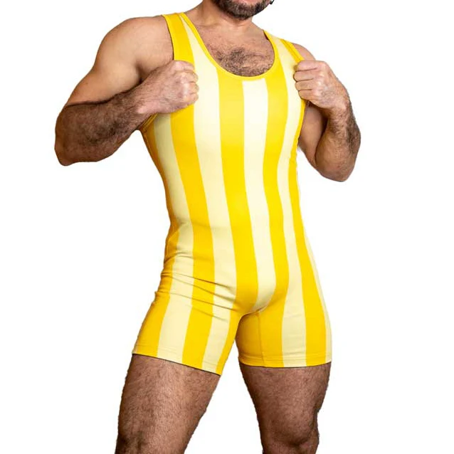 Yellow Vertical Stripes Wrestling Singlets Suit Boxing One Piece Bodysuit Iron Gym Sport Fitness PowerLifting Skinsuit Wear