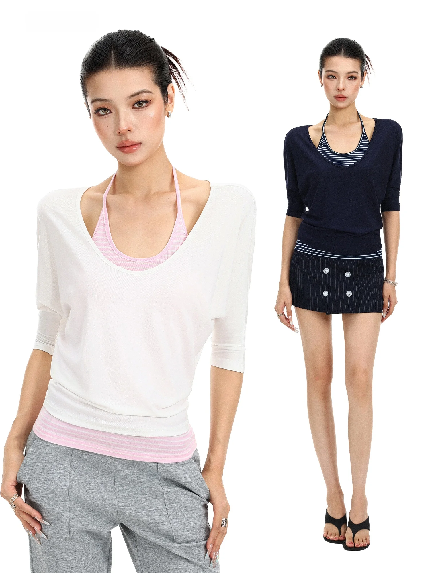 Biggold Silk Wool Sun Protection T-shirt Hanging Neck Vest Two-piece Set Women Summer Casual Versatile Top Korean Style