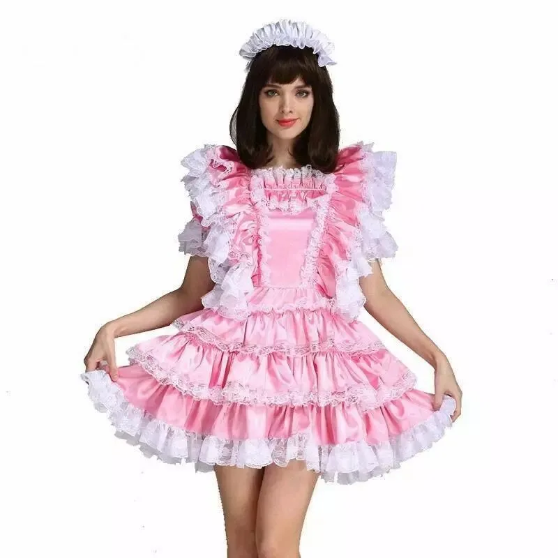 

Sexy sissy French maid pink satin lockable multi-layer lace ruffled dress maid cosplay costume customizable