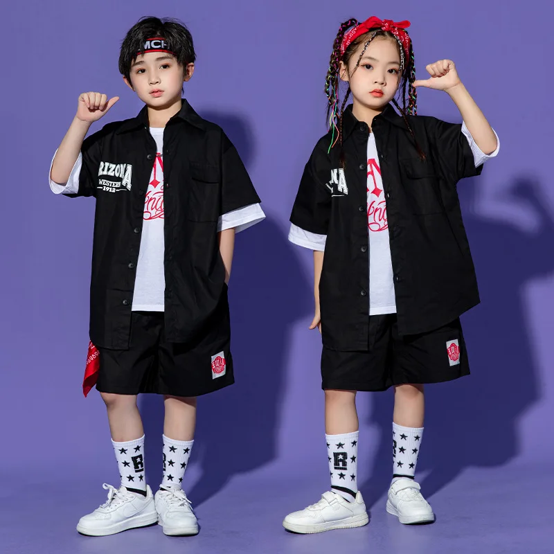 

Kid Kpop Hip Hop Clothing Letters Black Shirt Top Wide Casual Street Summer Shorts for Girl Boy Jazz Dance Costume Clothes Set