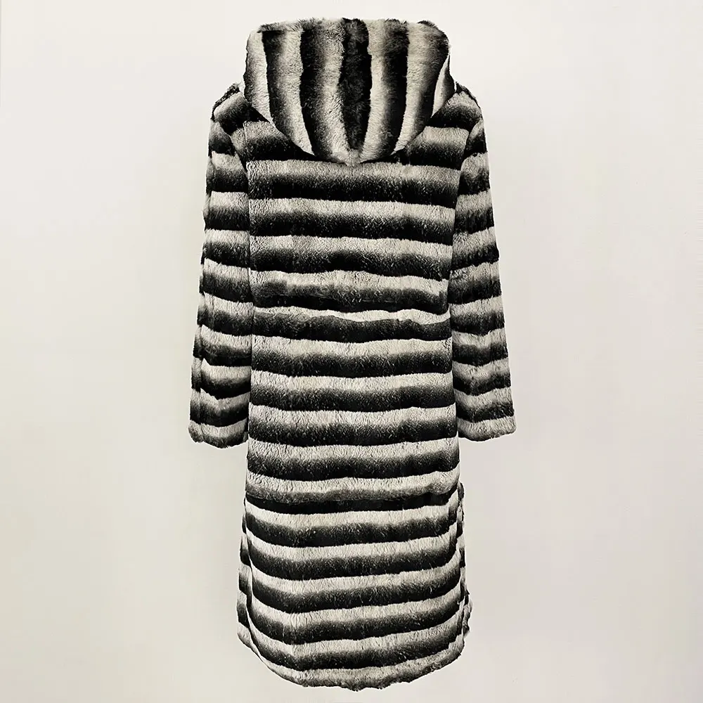 MENINA 2025秋冬ファッション フード付き天然ウサギ毛皮コート レディース トトロ柄ストライプ毛皮コート 厚手暖かいロングコート