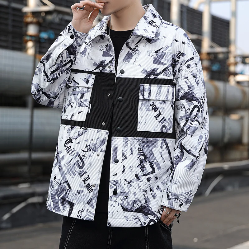 Hip Hop Jackets Streetwear Men's Button Windbreaker 2023 Spring Autumn Casual Printed Turn-Down Collar Coats Youth Tops Clothing