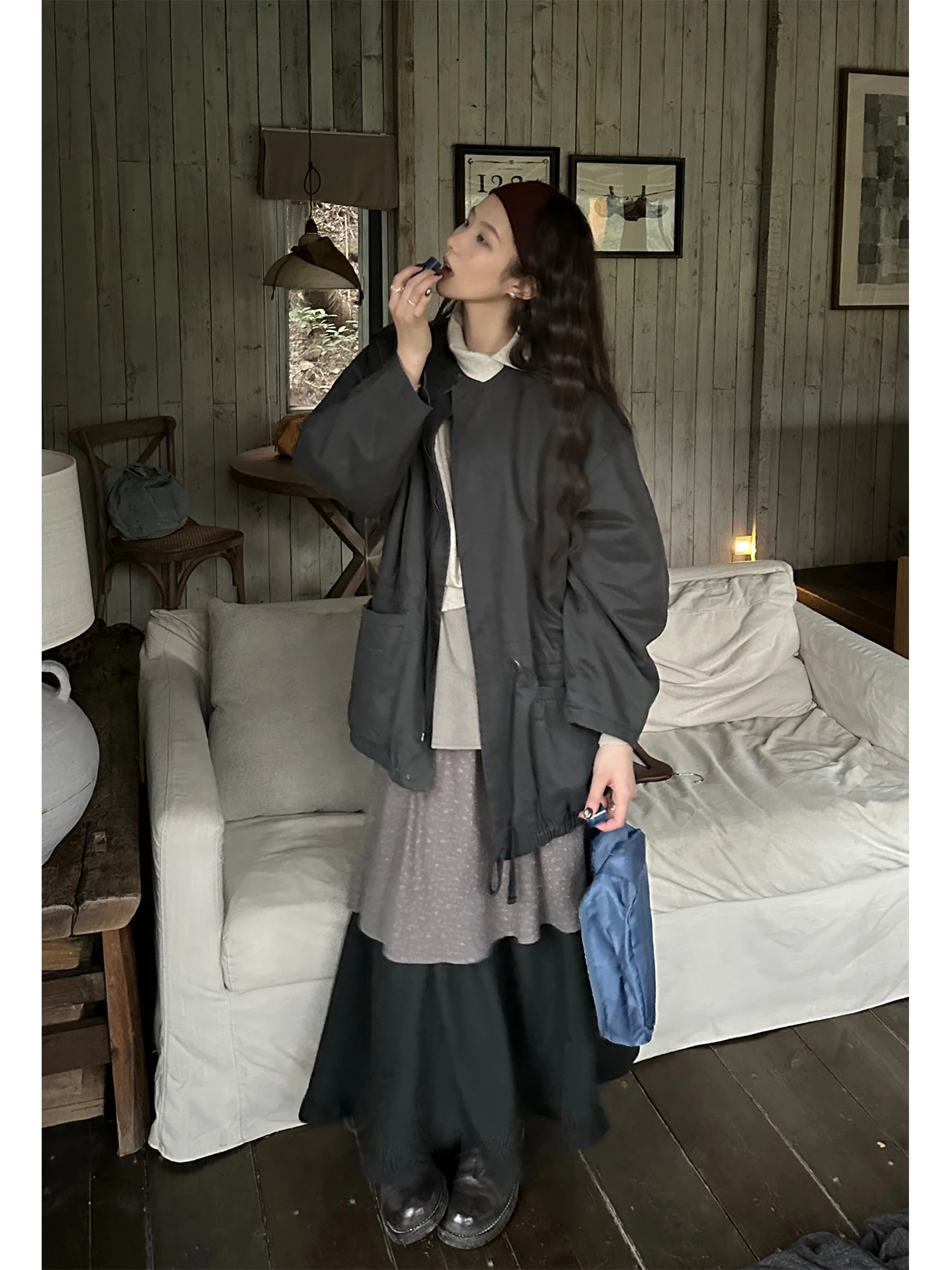 

JMWOMEN ey Retro Pleated Oversized Stand Collar Cotton Jaet Women Winter Warm Workwear Sle Dstring Coat