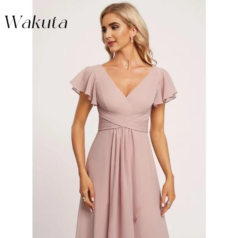 Wakuta Elegante V-Hals Cap Mouw Bruidsmeisje Gewaden Mode Chiffon Hoge Taille Bal Formele Avondjurken فستان سهرة ة Met Zak