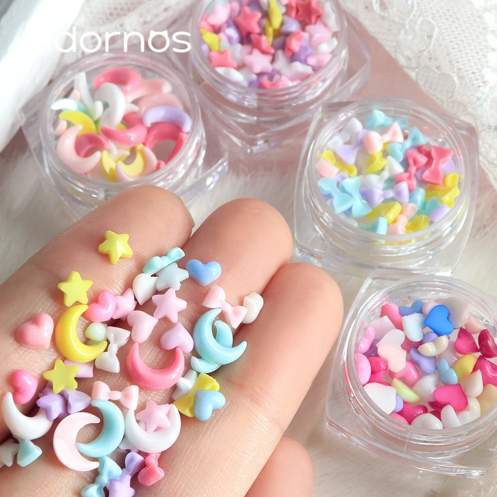 

4 Boxes Dopamine Colorful Resin Filling Accessories Flatback Love Heart Star Moon Bowknot Shape Resin Charms DIY Keychain Crafts