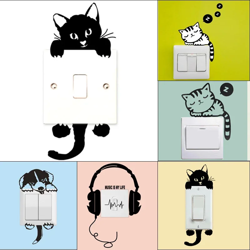 Funny Kitten Child Bedroom Switch Cover Room Decor on-off Sticker Cute Switch Outlet Wall Stickers on Wall Mural Art Hot Sale