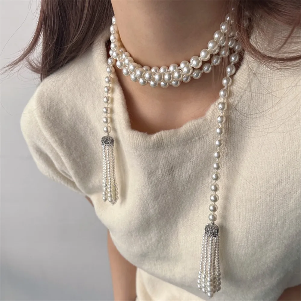 Temperament Exaggerate Pearl Beaded Necklace Charm Tassel Waistband Accessories Neck Jewelry Multilayer Necklace Girls