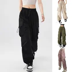 Pantalones de paracaídas negros para mujer, ropa de calle, pantalones Cargo de gran tamaño con bolsillos, pantalones de chándal holgados de pierna ancha Harajuku