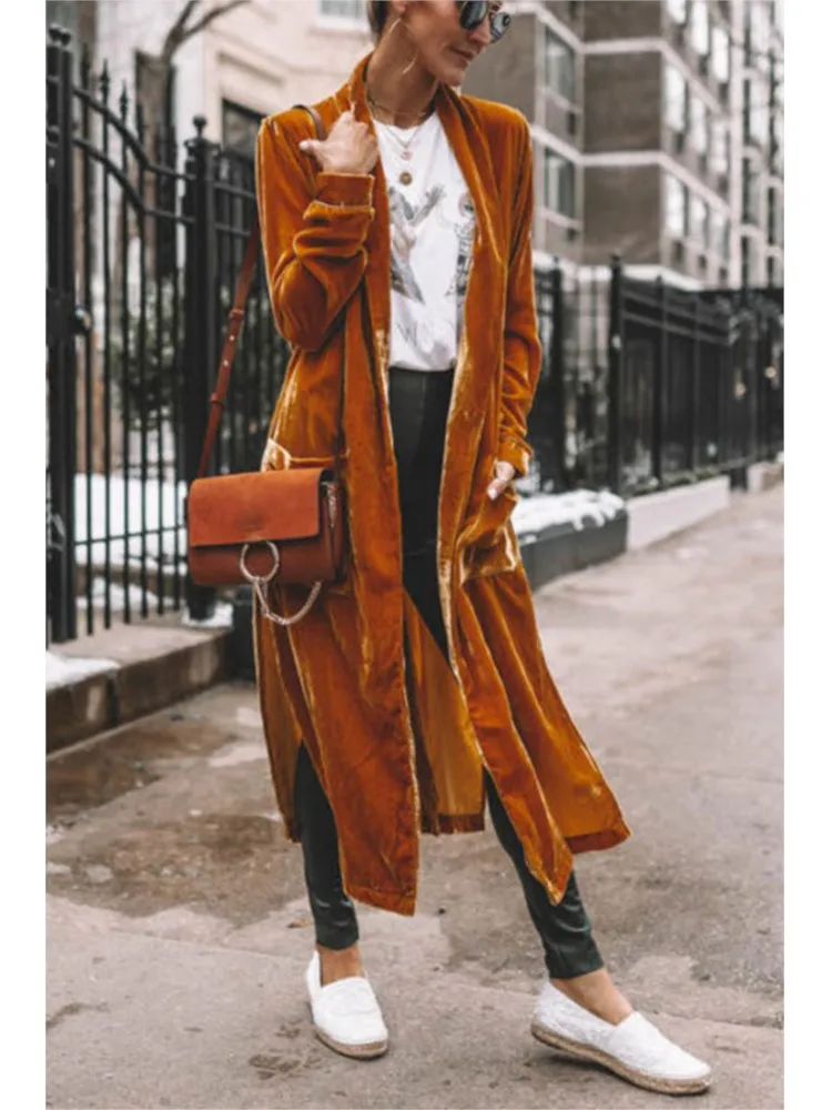 

Autumn Women's Solid Velvet Long Cardigan Coat Full Sleeve Lapel Collar Pockets Jacket Winter Women Street Fashion Outerwear