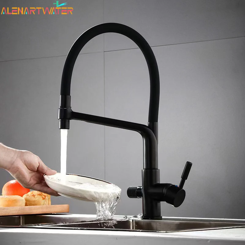 

Filter Kitchen Faucet Black Dual Spout Drinking Water Faucet Mixer 360 Degree Rotation Hot Cold Water Purification Feature Tap