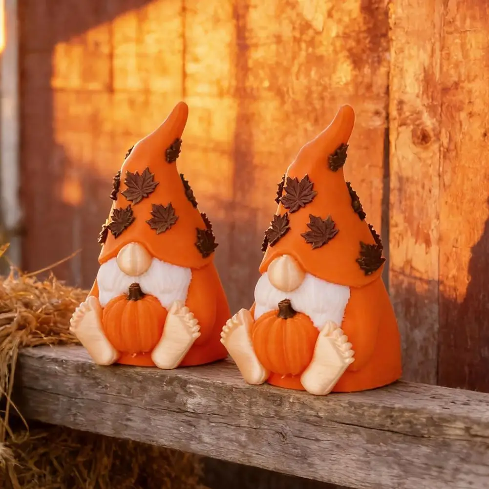 Fall Gnome Figurine Sitting With Pumpkin Maple Leaves, 3D Printed Dwarf Statue Thanksgiving Table Shelf Mantel Decor Autumn Home
