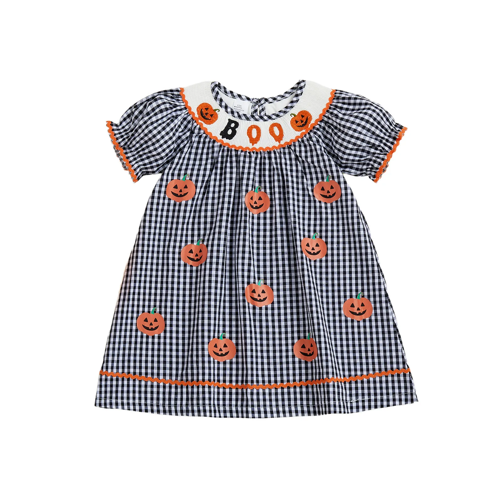 

Little Girl Halloween Plaid Dress Pumpkin Letter Ric Rac Trim Short Sleeve A-line Dress Cute Fall Clothes