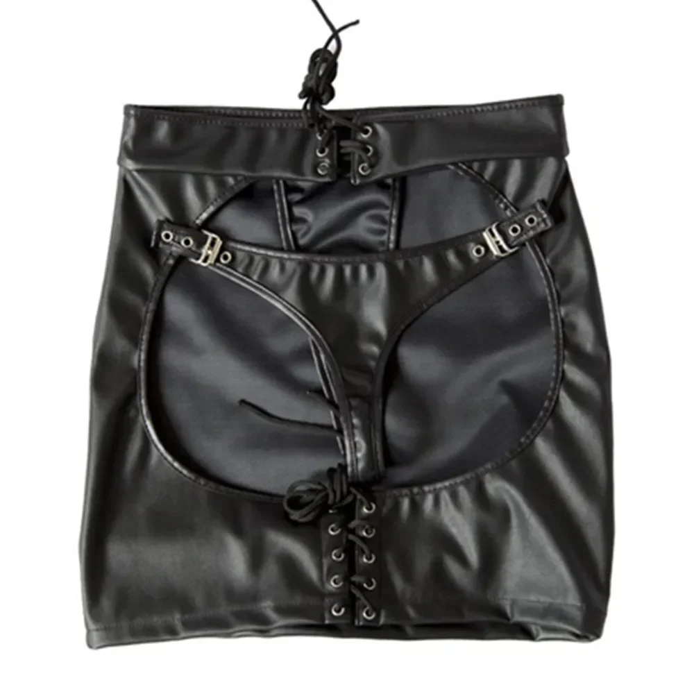 S-XXL Vrouwen Sexy Black Lace Up Pvc Latex Bondage Spanking Rok G-string Fetish Bodycon Pakket Hip Rok Micro Mini Rokken