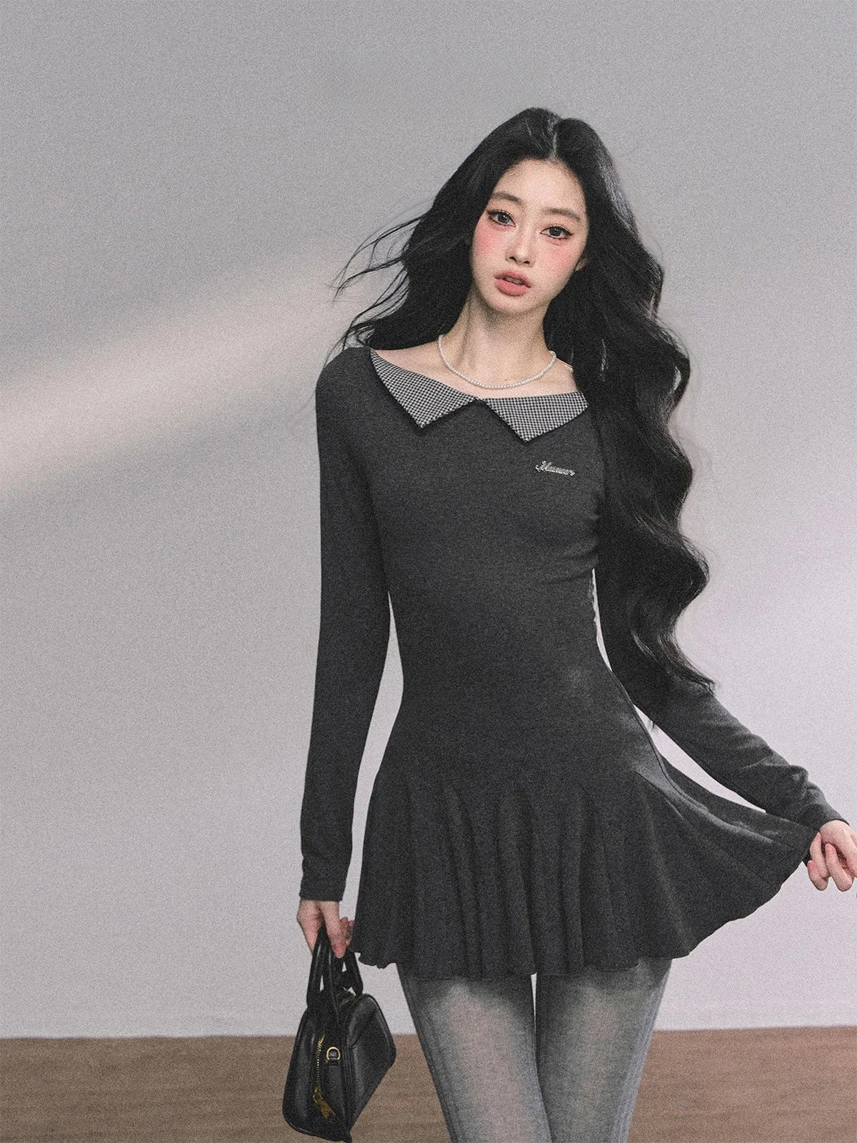 

Aomalm American Sle Long Sve T-irt Dr Women's Plaid ort Skirt Autumn Season Slim Fit Casual Faion Polyester