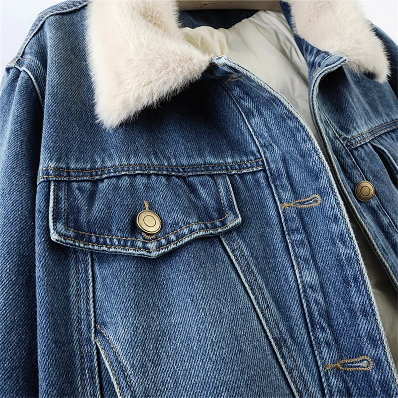 High Quality Faux Fur Lapel Warm Down Liner Denim Outerwear Winter Women Korean Casual Long Sleeve Solid Color Jeans Jacket Coat