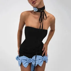 Skinny Bow Mini Dresses for Summer women's Dress 2024 New Solid Color Slim Fit Fashion Slash Neck Sexy Off Back Dress for Women