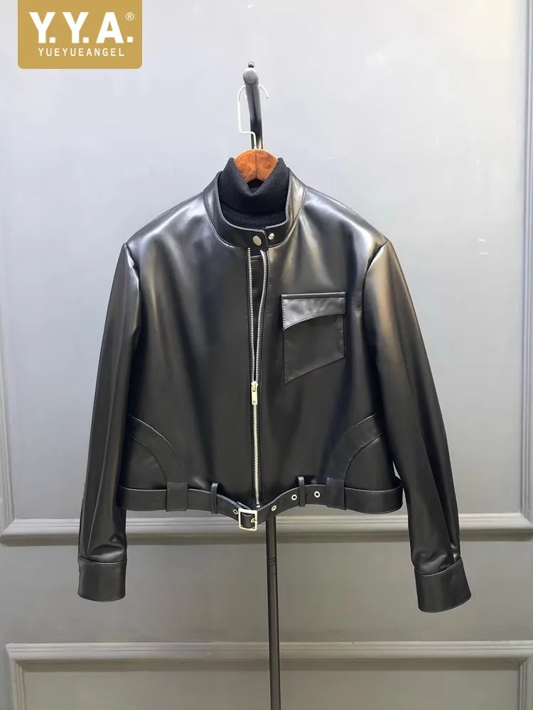Punk Stand Collar Women Genuine Leather Jacket Zip Long Sleeve Sashes Cargo Outerwear Streetwear Sheepskin Motorcycle Short Coat