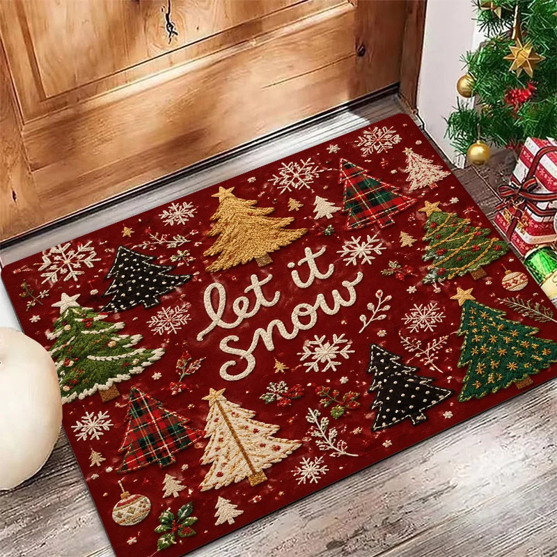 Snow Xmas Tree Doormat Indoor Outdoor Floor Covering Embossed Look Festive Floor Accent Mat for Entryway Porch Holiday Decor