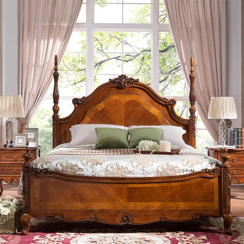 Handmade European carved solid wood bed Master bedroom solid wood engraving bed 1.8 meters American solid wood wedding bed