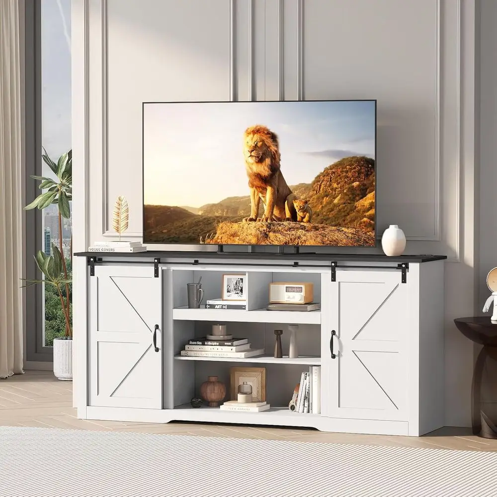 70 Modern TV Stand or 80 Sliding Door Entertainment Center, Media Console with Storage & Adjustable Shelves, Living Room, White